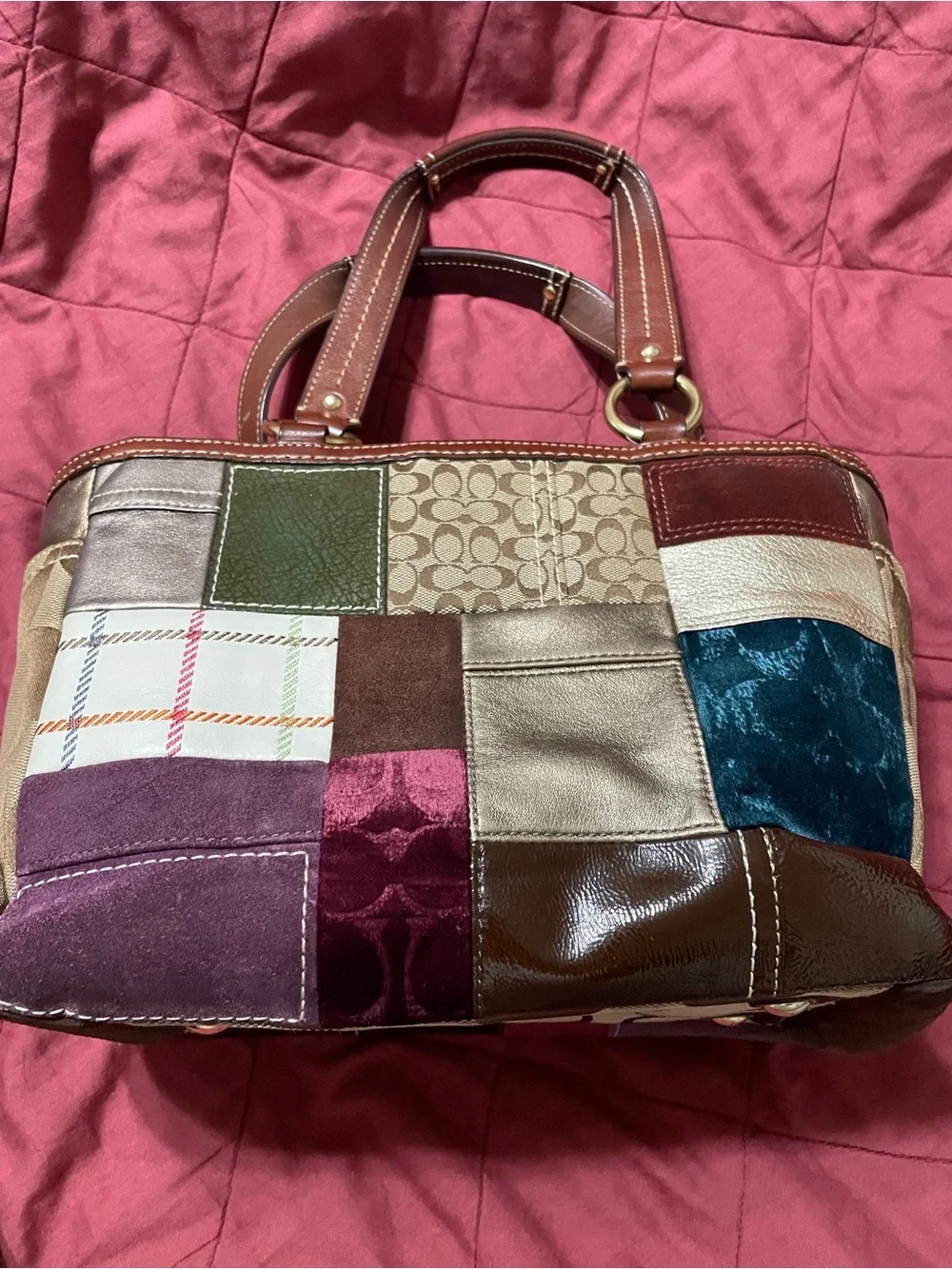Coach Patchwork Shoulder Tote — Brown, Green, Blue, Burgundy, Cream